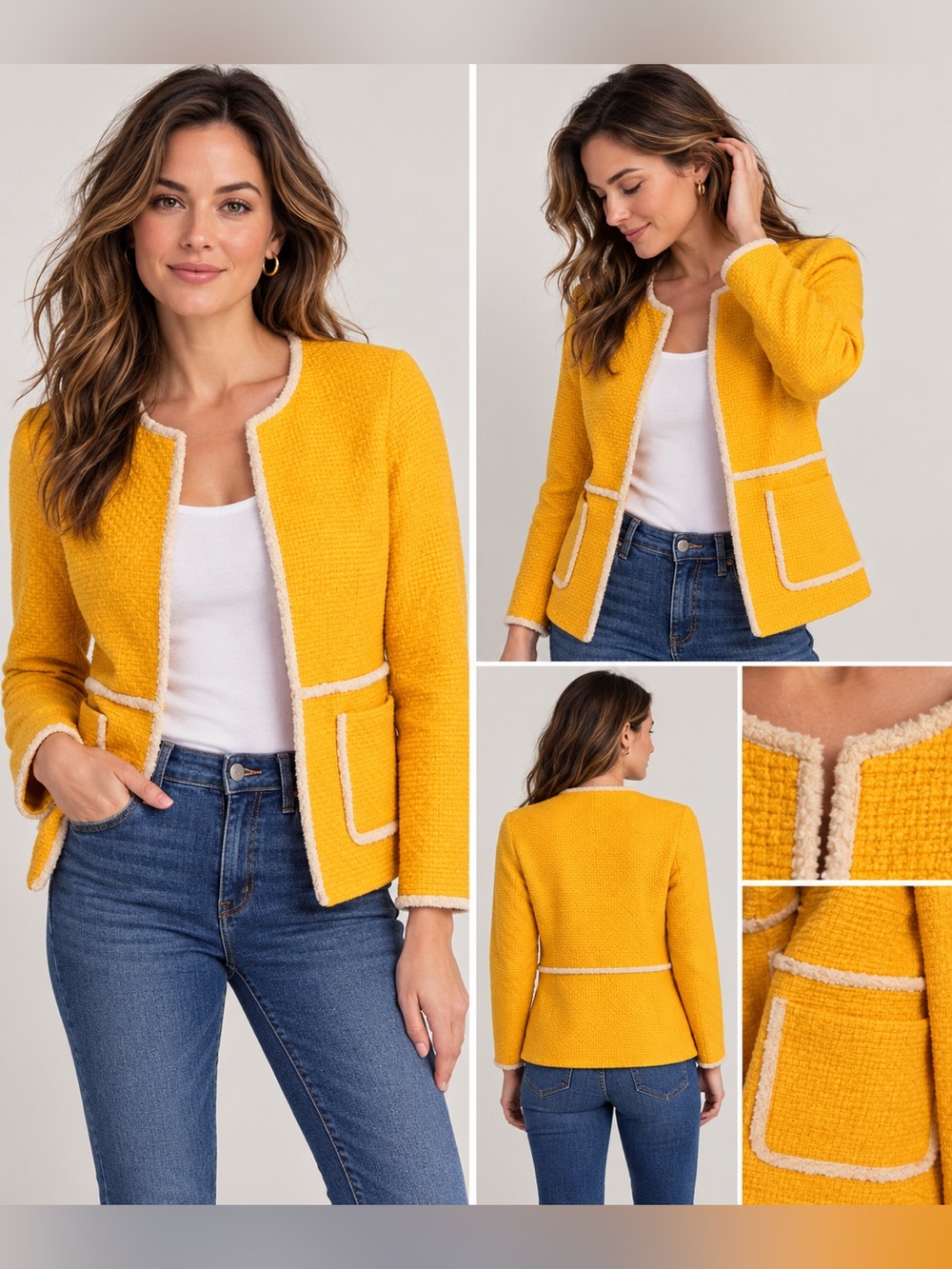 Boden Yellow Golden Mustard Tweed Cream Trim Open-Front Jacket Blazer Size 4